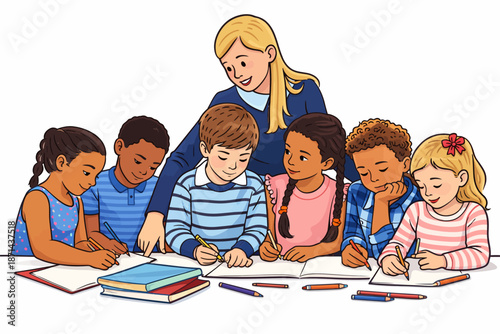 Children expanding their imaginary worlds by reading books with their teacher.