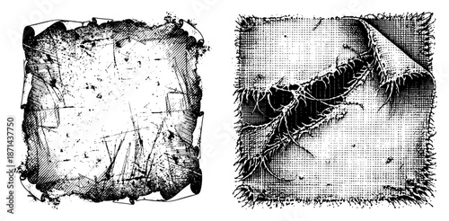 Ripped square fabric and paper frames with grunge textures