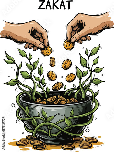 Ramadan Zakat alms giving with coins and green plant growth illustration