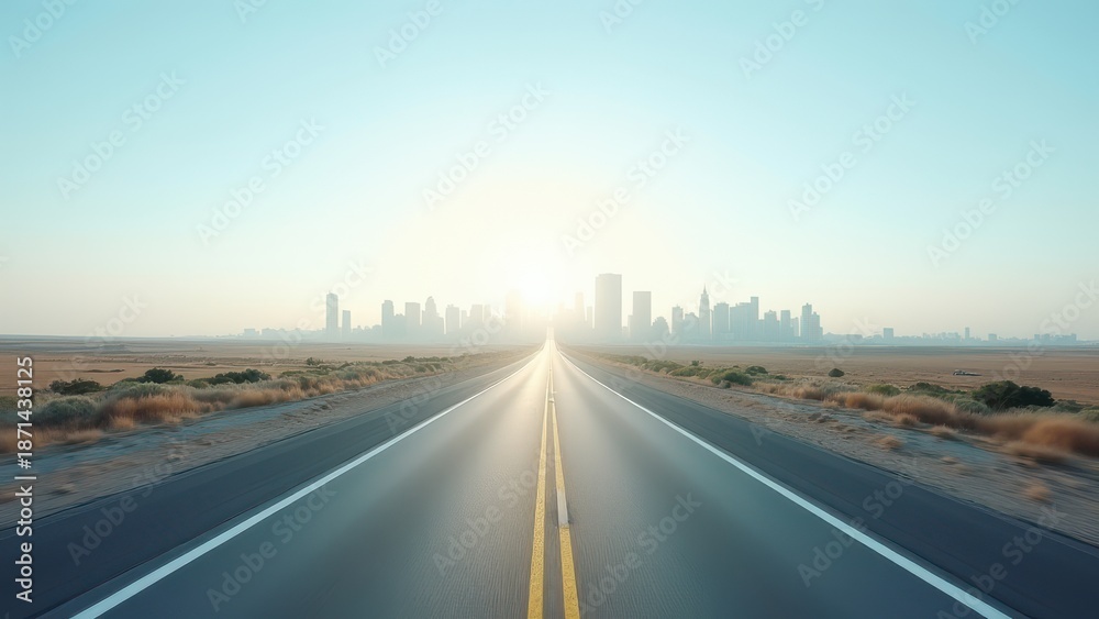Fototapeta premium wide open road from low angle perspective leading toward distant city skyline under clear sky minimal highway scene with strong depth and freedom feeling concept of travel transportation