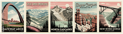 Set of five vintage style national park posters with minimalist landscapes, bridges, canyons, and mountains in muted retro colors.
