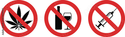 No Alcohol, No Cannabis, and No Drugs Prohibition Signs Vector Set Isolated