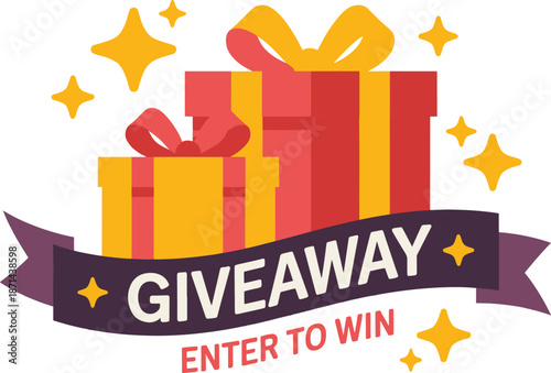 Giveaway Contest Illustration with Gift Boxes, Ribbon Banner, and Stars
