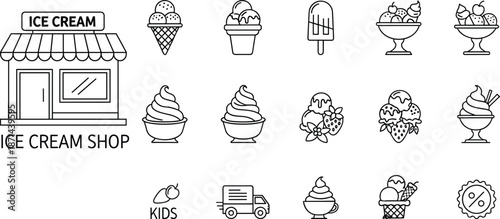 Ice cream shop icon set illustration, sweet dessert and frozen treats symbols, summer food concept, outline vector design, isolated white background