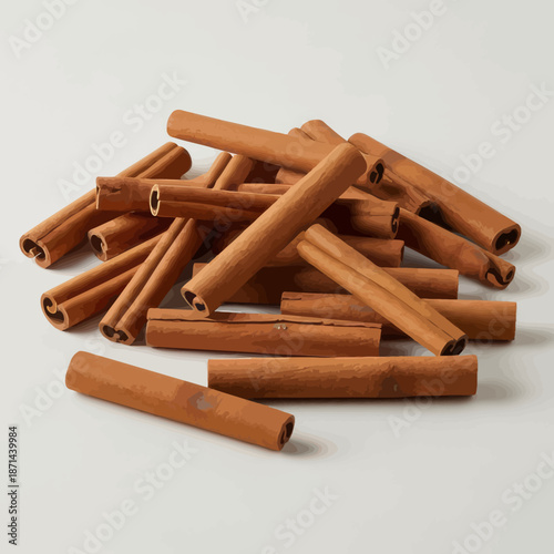 Cinnamon sticks piled on white background for baking and spice