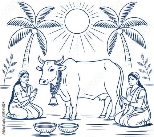 Traditional Rural Vector of Cow Worship Scene with Women Offering Prayers and Milking under Palm Trees and Radiant Sun.