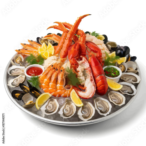 Fresh seafood platter with lobster, shrimp, oysters, and mussels on ice