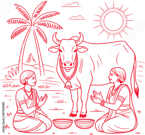 Red Line Vector of Rural Cow Worship Scene with Women Offering Prayers under Palm Tree and Sun in Traditional Setting.