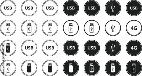 USB and 4G technology icon set with 25 circular black and white symbolsUSB and 4G technology icon set with 25 circular black and white symbols