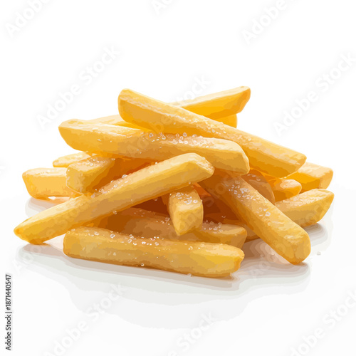 Delicious salty french fries sprinkled with sugar on white background