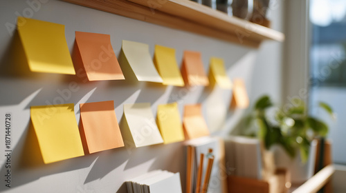 A home office scene featuring a wall adorned with organized sticky notes, color-coded by project, conveying a structured approach to task management and planning in a cozy environment. cinematic
