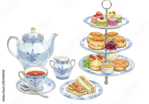 detailed watercolor illustration of english afternoon tea: three-tiered stand with blue floral china, sandwiches, scones, jam, and french macarons on white background. concept of refined british