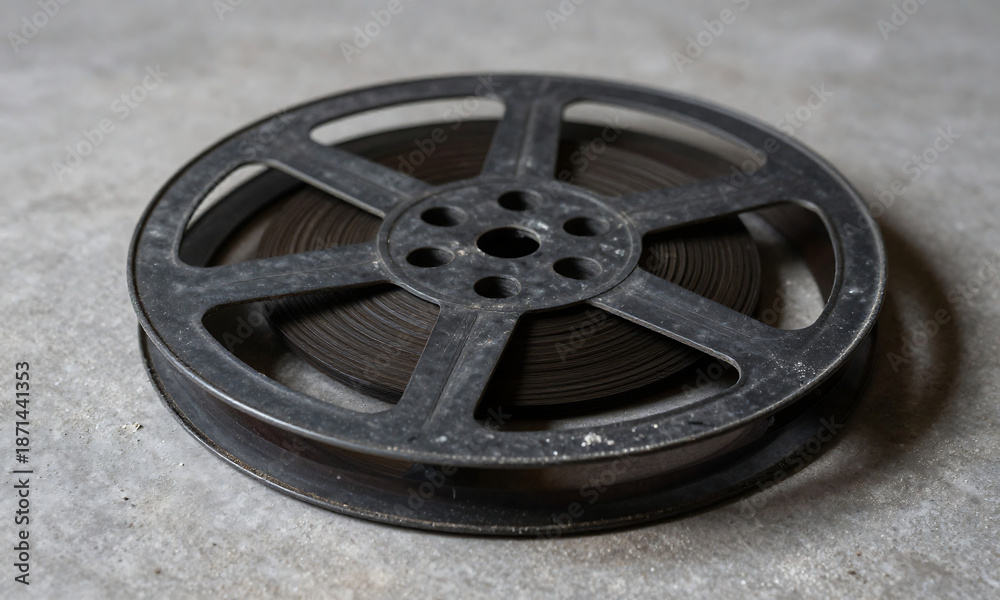 Obraz premium worn black cinematic film reel lies dusty surface partially exposed light subtle scratches scattered white dust