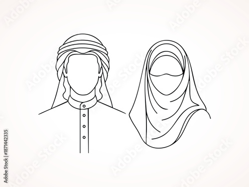 Arab Couple Line Art Illustration with Hijab and Keffiyeh