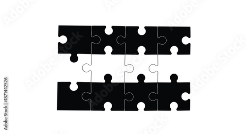 Black puzzle pieces arranged in two horizontal strips against a plain background viewed from directly above