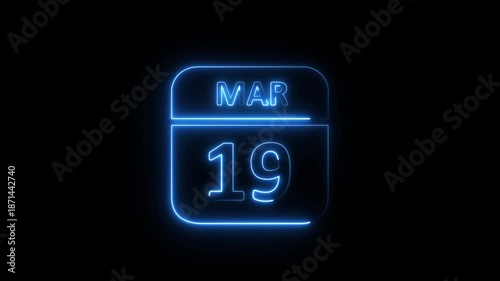 Glowing neon 19 March icon .a neon sign with a calendar that says 