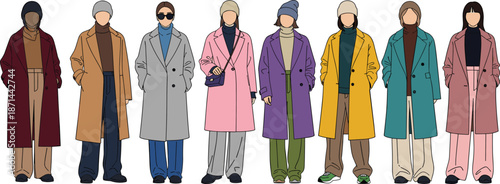 Set of Diverse Women Wearing Colorful Winter Coats Beanies and Turtlenecks Standing in a Row Flat Vector Style Illustration Isolated