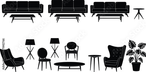 Set of Mid Century Modern Furniture Silhouettes Including Sofas Chairs Tables and Potted Monstera Plant Isolated on White Background Vector