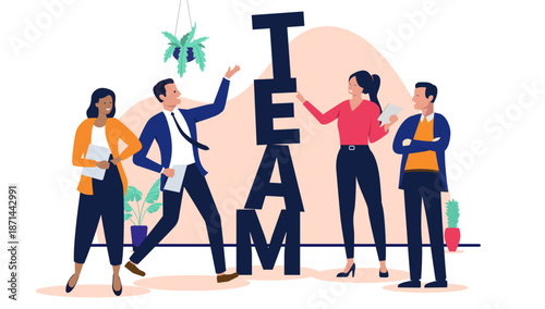 Diverse group of professional colleagues building the word team with large letters to represent workplace collaboration and corporate unity in a modern flat design vector illustration