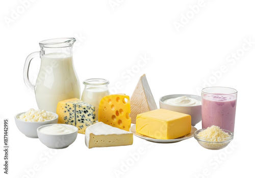 Assortment of yummy dairy products including milk cheese yogurt and cottage cheese isolated on transparent background