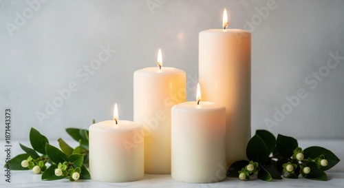Four White Pillar Candles with Greenery on Gray Background