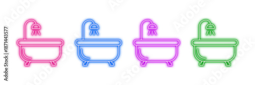 Vibrant Neon Bathtub & Shower Vector Set with Transparent Background