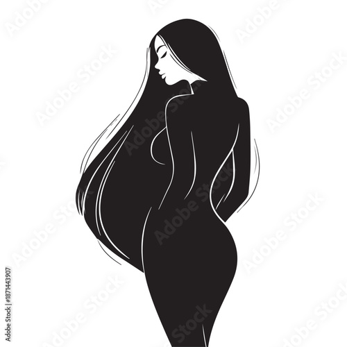 Silhouette of a beautiful girl with long and mature hair