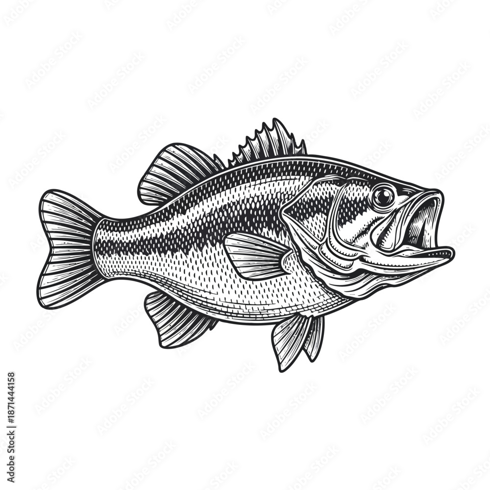 Fototapeta premium Detailed illustration of a largemouth bass fish with open mouth and sharp teeth, showcasing its scales and fins in a side view
