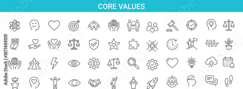 Core values line icon set illustrating ethics, integrity, leadership, teamwork, trust, sustainability, innovation, responsibility, balance, motivation, corporate culture, business philosophy concepts 