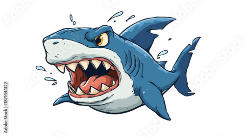 Fierce Angry Shark Cartoon Illustration on White Background for Designs