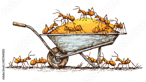 Ants Carrying Sugar in Vector Wheelbarrow Outlined Illustration