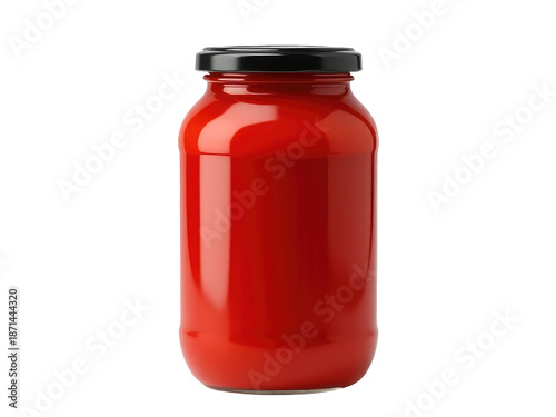 A clear glass jar filled with bright red tomato sauce on a white background, perfect for food and kitchen-themed images