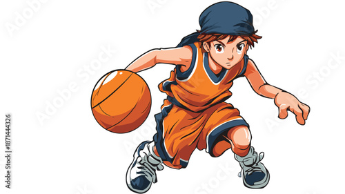 Young Boy Basketball Player with Outline Isolated on White Background