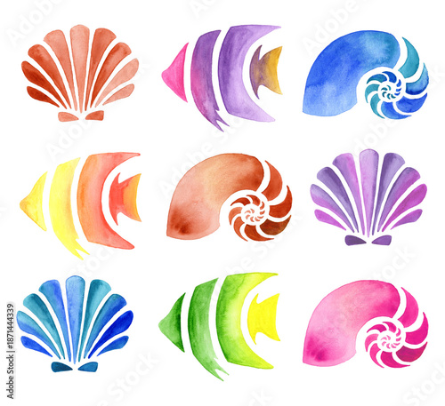 Muscheln, Fische und Schnecken gemalt mit Aqurell