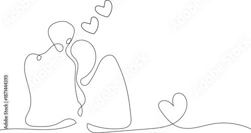 Couple Sharing a Romantic Valentine Moment with Hearts Around Them in Simple Line Art