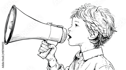 Young Boy Communicating Effectively with Megaphone, Isolated on White Background