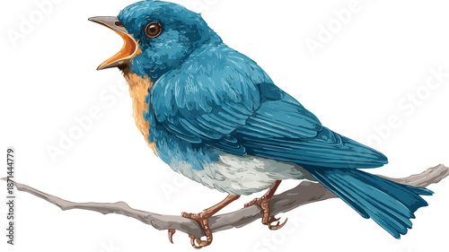 Cheerful Cartoon Blue Bird Singing on White Background - Vector Illustration