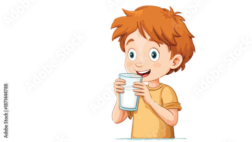 Cute Cartoon Boy Drinking Milk in a Glass Vector Illustration with Outline Isolated on White Background