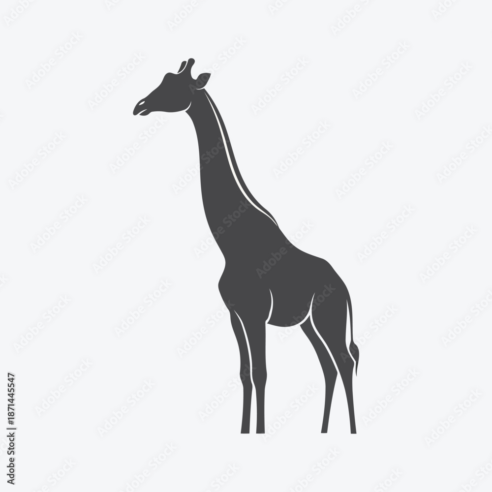 Fototapeta premium A giraffe standing alone in a serene landscape, viewed from the side, showcasing its tall stature and distinctive features in a minimalist illustration.