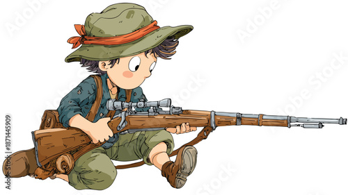 Cartoon Hunter Boy with Rifle Vector Illustration for Isolated Designs