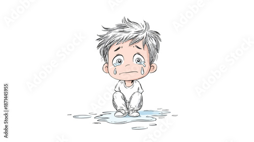 Sad Little Boy Crying Cartoon Vector Illustration on White Background