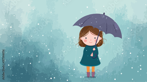 Cute Cartoon Little Girl with Umbrella in Rain Vector Illustration
