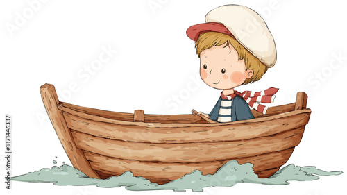 Adventurous Cartoon Sailor Boy on Wooden Boat Vector Illustration