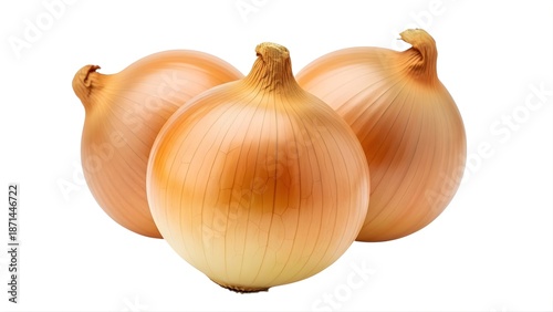 Three yellow onions on transparent background