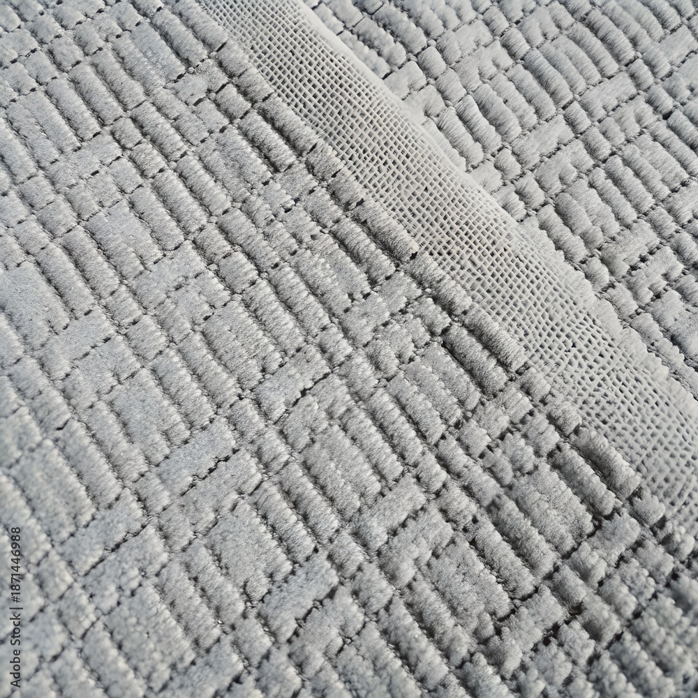 Fototapeta premium Seamless Light Grey Quilted Cotton Fabric with Diamond Grid Pattern and Textured Border Stripe Background