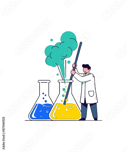 Cartoon scientist in lab coat stirring vigorous chemical reaction producing bright turquoise fumes above two colorful flasks containing blue and yellow liquids