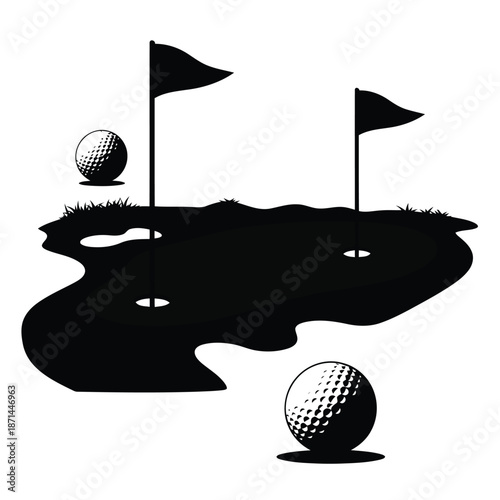 Golf balls on a challenging course with water hazard and flag markers