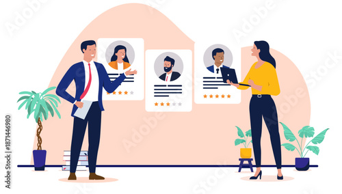 Professional colleagues reviewing employee performance profiles and star ratings for recruitment or work evaluation in a modern flat design vector illustration with business characters