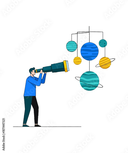 Astronomer looking through a large telescope at a hanging solar system mobile representing exploration of distant future space and cosmic discovery concepts