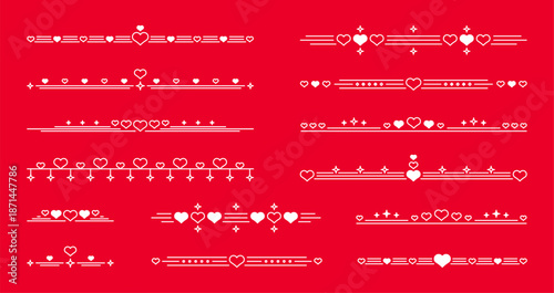 Set of linear heart dividers, line borders, and ornaments for Valentines Day. Love decoration, romantic greeting card, wedding invitation design.